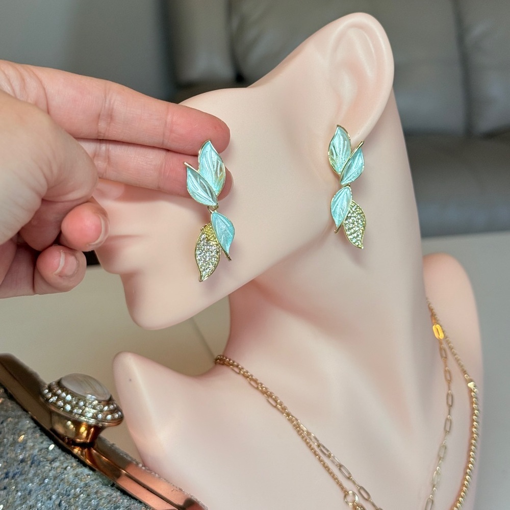 Gold Aqua Leaf Drop Earrings with Crystals - Picture 7 of 10